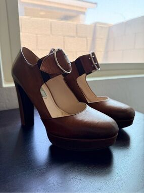 Prada Brown Leather Platform Mary Jane Heels with Silver Buckles